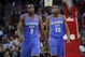 Jan 16, 2014; Houston, TX, USA; Oklahoma City Thunder power forward Serge Ibaka (9) and small forward Kevin Durant (35) walk on the court during the fourth quarter against the Houston Rockets at Toyota Center. Mandatory Credit: Andrew Richardson-USA TODAY Sports