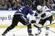 San Jose Sharks center Joe Pavelski (8) runs into Tampa Bay Lightning defenseman Sami Salo (6), of Finland, during the third period of an NHL hockey game Saturday, Jan. 18, 2014, in Tampa, Fla. The Sharks won the game 5-4. (AP Photo/Chris O'Meara)