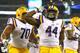 ARLINGTON, TX - AUGUST 31: J.C. Copeland #44 of the LSU Tigers celebrates a touchdown against the TCU Horned Frogs at AT&T Stadium on August 31, 2013 in Arlington, Texas. (Photo by Ronald Martinez/Getty Images)
