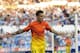 FC Barcelona's Tello reacts after scoring against Zaragoza during a Spanish La Liga soccer match at the Romareda stadium in Zaragoza, Spain, Sunday, April 14, 2013. (AP Photo/Manu Fernandez)