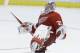 Detroit Red Wings goalie Jimmy Howard (35) celebrates after a 3-2 win after the shootout period of an NHL hockey game against the Los Angeles Kings in Detroit, Saturday, Jan. 18, 2014. (AP Photo/Carlos Osorio)