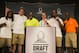 Jamaal Charles, (L-R) running back for the Kansas City Chiefs, J.J. Watt, defensive end for the Houston Texans, Hall of Famer Deion Sanders, Drew Brees, quarterback for the New Orleans Saints, Robert Quinn, defensive end for the St. Louis Rams, and Jerry Rice, Pro Football Hall of Famer, flash Hawaiian shakes during a news conference for the NFL Pro Bowl Draft, Tuesday, Jan. 21, 2014, Kapolei, Hawaii. (AP Photo/Marco Garcia)