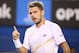 Jan 21, 2014; Melbourne, AUSTRALIA; Stanislas Wawrinka (SUI) challenges a call during his match against Novak Djokovic (SRB) on day nine of the 2014 Australian Open at Melbourne Park. Mandatory Credit: Nicolas Luttiau/Presse Sports via USA TODAY Sports
