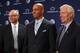 STATE COLLEGE, PA - JANUARY 11: James Franklin, head coach of the Penn State Nittany Lions poses for a photo between Dave Joyner, Director of Athletics of The Pennsylvania State University (Left) and Rodney Erickson, President of The Pennsylvania State University on January 11, 2014 at Beaver Stadium in State College, Pennsylvania. (Photo by Justin K. Aller/Getty Images)