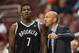 Oct 14, 2013; Philadelphia, PA, USA; Brooklyn Nets head coach Jason Kidd talks with guard Joe Johnson (7) during the second quarter against the Philadelphia 76ers at Wells Fargo Center. Mandatory Credit: Howard Smith-USA TODAY Sports