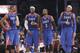 From left, East Team's Chris Bosh of the Miami Heat, LeBron James of the Miami Heat, Dwyane Wade of the Miami Heat and Carmelo Anthony of the New York Knicks share a moment during the first half of the NBA All-Star basketball game against the West Team Sunday, Feb. 17, 2013, in Houston. (AP Photo/Eric Gay)
