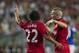 SO KON PO, HONG KONG - JULY 29: Fabio da Silva (L) of Manchester United celebrates his goal with team mate Tom Cleverley during the international friendly match between Kitchee FC and Manchester United at Hong Kong Stadium on July 29, 2013 in So Kon Po, Hong Kong. (Photo by Victor Fraile/Getty Images)