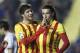 Barcelona's Cristian Tello, right, is congratulated by teammate Sergi Roberto after scoring a goal against Levante during their la Copa del Rey soccer match at the Ciutat de Valencia stadium in Valencia, Spain, Wednesday, Jan. 22, 2014. (AP Photo/Alberto Saiz)