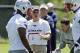 New England Patriots assistant head coach Dante Scarnecchia instructs players during NFL football practice in Foxborough, Mass., Tuesday, June 4, 2013. (AP Photo/Charles Krupa)