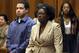 Defense attorney Janese Caruthers and Eric Rivera Jr., left, listen as Judge Dennis Murphy, adjourns court for the day after the jury finished deliberations with out reaching a verdict Thursday, Oct. 31, 2013, in Miami. Rivera is charged in the 2007 slaying of former Washington Redskins star Sean Taylor watched (AP Photo/El Nuevo Herald, Pedro Portal, Pool)