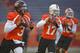 North Squad quarterback Logan Thomas of Virginia Tech (3) drops back with fellow quarterbacks Stephen Morris of Miami (17), middle, and Tajh Boyd of Clemson (10), right, during Senior Bowl practice at Ladd-Peebles Stadium, Monday, Jan. 20, 2014, in Mobile, Ala. (AP Photo/G.M. Andrews)