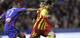 Barcelona's Lionel Messi from Argentina drives the ball with Levante's Camarasa during their la Copa del Rey soccer match at the Ciutat de Valencia stadium in Valencia, Spain, Wednesday Jan. 22, 2014. (AP Photo/Alberto Saiz)
