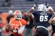 Jan 20, 2014; Mobile, AL, USA; North squad quarterback Tajh Boyd of Clemson (10) under pressure from North squad defensive end Kareem Martin of North Carolina (95) at Ladd-Peebles Stadium. Mandatory Credit: John David Mercer-USA TODAY Sports