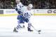 DALLAS, TX - JANUARY 23: Morgan Rielly #44 of the Toronto Maple Leafs handles the puck against the Dallas Stars at the American Airlines Center on January 23, 2014 in Dallas, Texas. (Photo by Glenn James/NHLI via Getty Images)