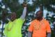 January 22, 2014; Ko'Olina, HI, USA; Team Sanders alumni captain Deion Sanders (left) and Team Rice alumni captain Jerry Rice (right) react during the Pro Bowl draft at J.W. Marriott Ihilani Resort & Spa. Mandatory Credit: Kyle Terada-USA TODAY Sports
