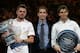 Stanislas Wawrinka of Switzerland, left, holds the trophy with runner-up Rafael Nadal of Spain, right, and former world No.1 Pete Sampras, after his win in their men's singles final at the Australian Open tennis championship in Melbourne, Australia, Sunday, Jan. 26, 2014.(AP Photo/Aaron Favila)