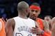 New York Knicks forward Carmelo Anthony congratulates Los Angeles Lakers guard Kobe Bryant (24) after their NBA basketball game in Los Angeles, Tuesday, Dec. 25, 2012. The Lakers won 100-94. (AP Photo/Alex Gallardo)