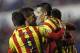 Barcelona's Cristian Tello, right, celebrates after scoring against Levante during their la Copa del Rey soccer match at the Ciutat de Valencia stadium in Valencia, Spain, Wednesday Jan. 22, 2014. (AP Photo/Alberto Saiz)
