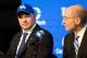 Dec 2, 2012; Lexington , KY, USA; Kentucky Wildcats head coach Mark Stoops spoke to reporters with University of Kentucky president Dr. Eli Capilouto (right) after being introduced as the new football coach at the University of Kentucky in the Nutter Field House. Mandatory Credit: Mark Zerof-USA Today Sports