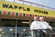 Waffle House founders Joe Rogers, left, and Tom Forkner, right, pose in front of a Waffle House restaurant after eating lunch at the establishment in Norcross, Ga., Tuesday, July 26, 2005. The two founded the eatery in 1955 and have been serving customers the same basic food staples ever since. (AP Photo/Ric Feld)