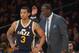 Jan 3, 2014; Los Angeles, CA, USA; Utah Jazz guard Trey Burke (3) and coach Tyrone Corbin during the game against the Los Angeles Lakers at Staples Center. The Lakers defeated the Jazz 110-99. Mandatory Credit: Kirby Lee-USA TODAY Sports