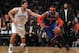 Dec 5, 2013; Brooklyn, NY, USA; New York Knicks small forward Carmelo Anthony (7) drives on Brooklyn Nets center Brook Lopez (11) during the second quarter of a game at Barclays Center. Mandatory Credit: Brad Penner-USA TODAY Sports