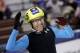 J. R. Celski celebrates after winning the men's 1,000 meters during the U.S. Olympic short track speedskating trials on Sunday, Jan. 5, 2014, in Kearns, Utah. (AP Photo/Rick Bowmer)