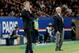 Paris Saint Germain's1 Coach Laurent Blanc, left, with Monaco's coach, Claudio Ranieri of Italy, during their French Premier League soccer match against Monaco during their French League One soccer match, Sunday Sept. 22, 2013, in Parc des Princes stadium, in Paris, France. (AP Photo/Jacques Brinon)