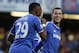 Chelsea's Eden Hazard, right, celebrates his penalty goal against Newcastle United with teammate Samuel Eto'o during their English Premier League soccer match at Stamford Bridge, London, Saturday, Feb. 8, 2014. (AP Photo/Sang Tan)