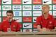 Arsenal manager Arsene Wenger, right and midfielder Aaron Ramsey, during a press conference, at the Helsinki airport in Vantaa, Finland, Friday, Aug. 9, 2013. Premier League giants Manchester City and Arsenal play their pre-season's last training match at the Helsinki Olympic Stadium on Saturday. (AP Photo/Lehtikuva, Mikko Stig) FINLAND OUT