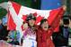 Canada's Alex Bilodeau, left, celebrates with his brother Frederic after winning the gold medal in the men's moguls final at the Rosa Khutor Extreme Park at the 2014 Winter Olympics, Monday, Feb. 10, 2014, in Krasnaya Polyana, Russia. (AP Photo/Andy Wong)