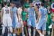 Feb 8, 2014; South Bend, IN, USA; North Carolina Tar Heels forward James Michael McAdoo (43) celebrates after a foul call in the second half against the Notre Dame Fighting Irish at the Purcell Pavilion. North Carolina won 73-62. Mandatory Credit: Matt Cashore-USA TODAY Sports