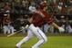 Arizona Diamondbacks Paul Goldschmidt (44) hits a sacrifice fly out in the first inning during an MLB National League baseball game against the Washington Nationals on Sunday, Sept 29, 2013, in Phoenix. (AP Photo/Rick Scuteri)