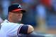 Oct 4, 2013; Atlanta, GA, USA; Atlanta Braves injured pitcher Tim Hudson in the dugout during game two of the National League divisional series playoff baseball game against the Los Angeles Dodgers at Turner Field. Mandatory Credit: Daniel Shirey-USA TODAY Sports