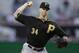 Pittsburgh Pirates starting pitcher A.J. Burnett throws to a San Diego Padres batter during the first inning in a baseball game Tuesday, Aug. 20, 2013, in San Diego. (AP Photo/Gregory Bull)