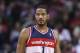 Feb 12, 2014; Houston, TX, USA; Washington Wizards small forward Trevor Ariza (1) reacts after a play during the second quarter against the Houston Rockets at Toyota Center. Mandatory Credit: Troy Taormina-USA TODAY Sports