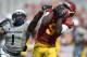 Sep 21, 2013; Los Angeles, CA, USA; Southern California Trojans receiver Marqise Lee (9) is defended by Utah State Aggies cornerback Daniel Gray (1) at the Los Angeles Memorial Coliseum. USC defeated Utah State 17-14. Mandatory Credit: Kirby Lee-USA TODAY Sports