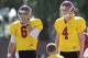 Southern California quarterback Cody Kessler, left, stands next to quarterback Max Browne during NCAA college football practice on Tuesday, Aug. 6, 2013, in Los Angeles. (AP Photo/Jae C. Hong)