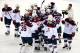 SOCHI, RUSSIA - FEBRUARY 13: The United States celebrate winning 7-1 against Slovakia during the Men's Ice Hockey Preliminary Round Group A game on day six of the Sochi 2014 Winter Olympics at Shayba Arena on February 13, 2014 in Sochi, Russia. (Photo by Streeter Lecka/Getty Images)