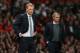 MANCHESTER, ENGLAND - AUGUST 26: Manchester United Manager David Moyes and Chelsea Manager Jose Mourinho (R) look on during the Barclays Premier League match between Manchester United and Chelsea at Old Trafford on August 26, 2013 in Manchester, England. (Photo by Alex Livesey/Getty Images)