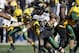 Towson running back Terrance West (28) looks for a gap at the line of scrimmage on a running play in the first half of the FCS championship NCAA college football game against North Dakota State, Saturday, Jan. 4, 2014, in Frisco, Texas. (AP Photo/Tony Gutierrez)