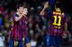 BARCELONA, SPAIN - FEBRUARY 15: Lionel Messi of FC Barcelona celebrates with his team-mate Neymar after scoring his team's fifth goal during the La Liga match between FC Barcelona and Rayo Vallecano de Madrid at Camp Nou on February 15, 2014 in Barcelona, Spain. (Photo by David Ramos/Getty Images)