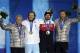 Men's super-G medalists, from left, the United States' Andrew Weibrecht, silver, Norway's Kjetil Jansrud, gold, and Canada's Jan Hudec and the United States' Bode Miller, who tied for the bronze, pose with their medals at the 2014 Winter Olympics in Sochi, Russia, Sunday, Feb. 16, 2014. (AP Photo/Morry Gash)
