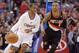 Feb 12, 2014; Los Angeles, CA, USA; Los Angeles Clippers guard Chris Paul (3) is defended by Portland Trail Blazers guard Damian Lillard (0) in the fourth quarter at Staples Center. The Clippers defeated the Trail Blazers 122-117. Mandatory Credit: Kirby Lee-USA TODAY Sports