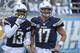 San Diego Chargers quarterback Philip Rivers, right, and wide receiver Keenan Allen jog off the field together after the pair combined on a 43 yard touchdown pass against the New York Giants during the first half of an NFL football game Sunday, Dec. 8, 2013, in San Diego. (AP Photo/Denis Poroy)