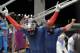 The team from Russia RUS-1, piloted by Alexander Zubkov and brakeman Alexey Voevoda, celebrate their gold medal run during the men's two-man bobsled competition at the 2014 Winter Olympics, Monday, Feb. 17, 2014, in Krasnaya Polyana, Russia. (AP Photo/Jae C. Hong)