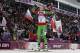 Belarus' Darya Domracheva celebrates winning the gold medal in the women's biathlon 12.5k mass-start, at the 2014 Winter Olympics, Monday, Feb. 17, 2014, in Krasnaya Polyana, Russia. (AP Photo/Felipe Dana)