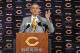 Chicago Bears general manager Phil Emery talks about the upcoming NFL Draft before the Bears first mini-camp at Halas Hall on Tuesday, April 16, 2013, in Lake Forest, Ill. (AP Photo/Jim Prisching)