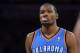 Oklahoma City Thunder small forward Kevin Durant looks on during the second half of an NBA basketball game against the Los Angeles Lakers, Thursday, Feb. 13, 2014, in Los Angeles. (AP Photo/Mark J. Terrill)