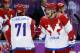 Russia forward Alexander Ovechkin greets forward Ilya Kovalchuk after a third period goal by forward Pavel Datsyuk against the USA during a men's ice hockey game at the 2014 Winter Olympics, Saturday, Feb. 15, 2014, in Sochi, Russia. (AP Photo/Julio Cortez)